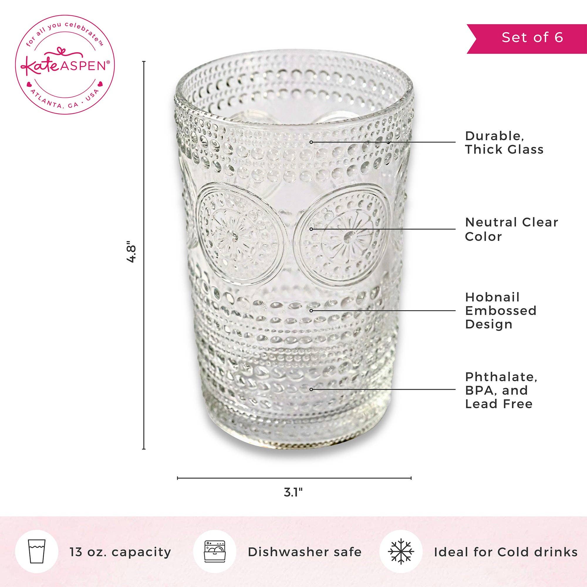 Hobnail Beaded Floral Clear Drinking Glasses — Set of 6, 13 oz. - Image 7
