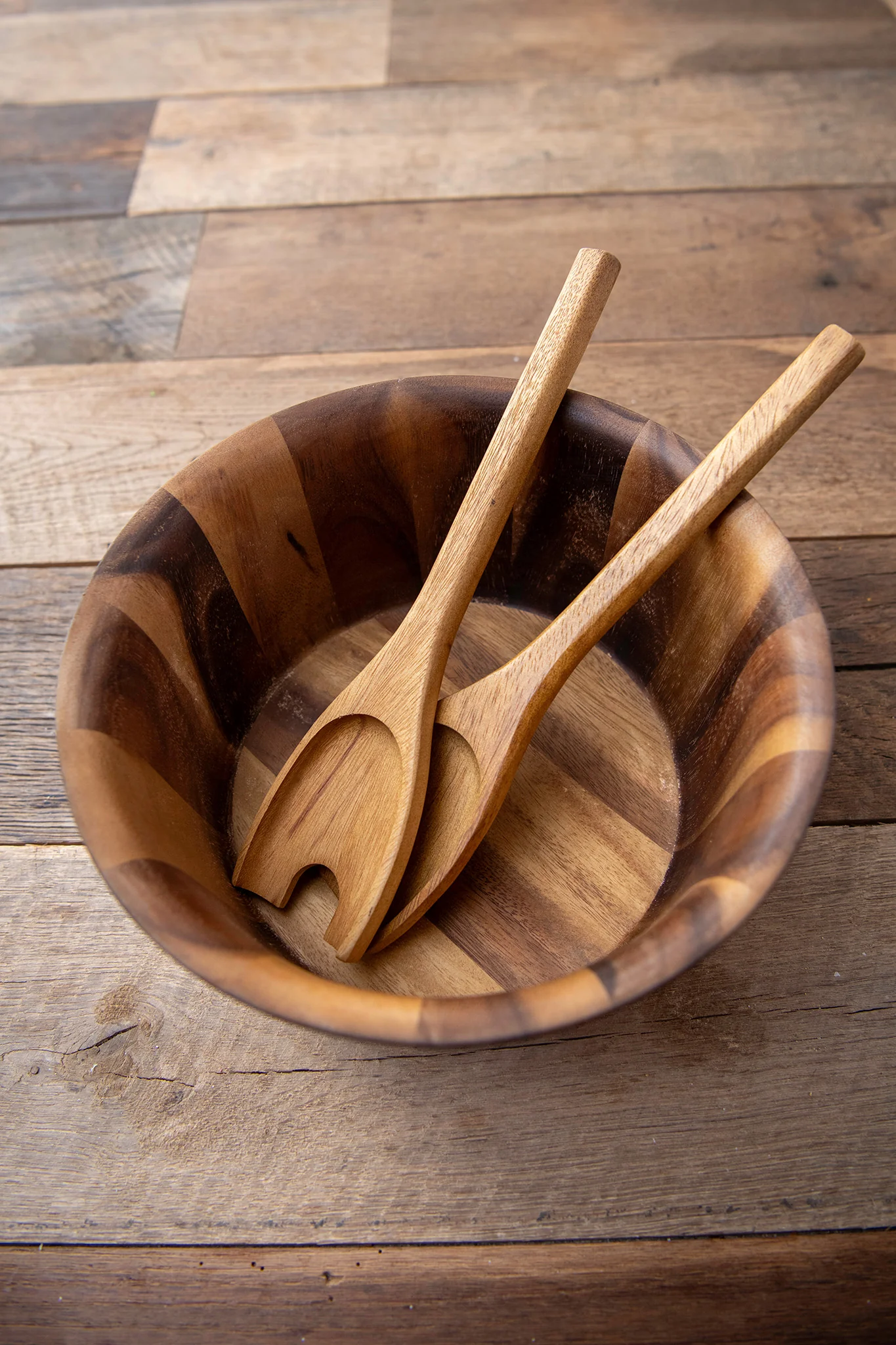 Fluted Wooden Salad Bowl Serving Set, 7-piece - Image 4