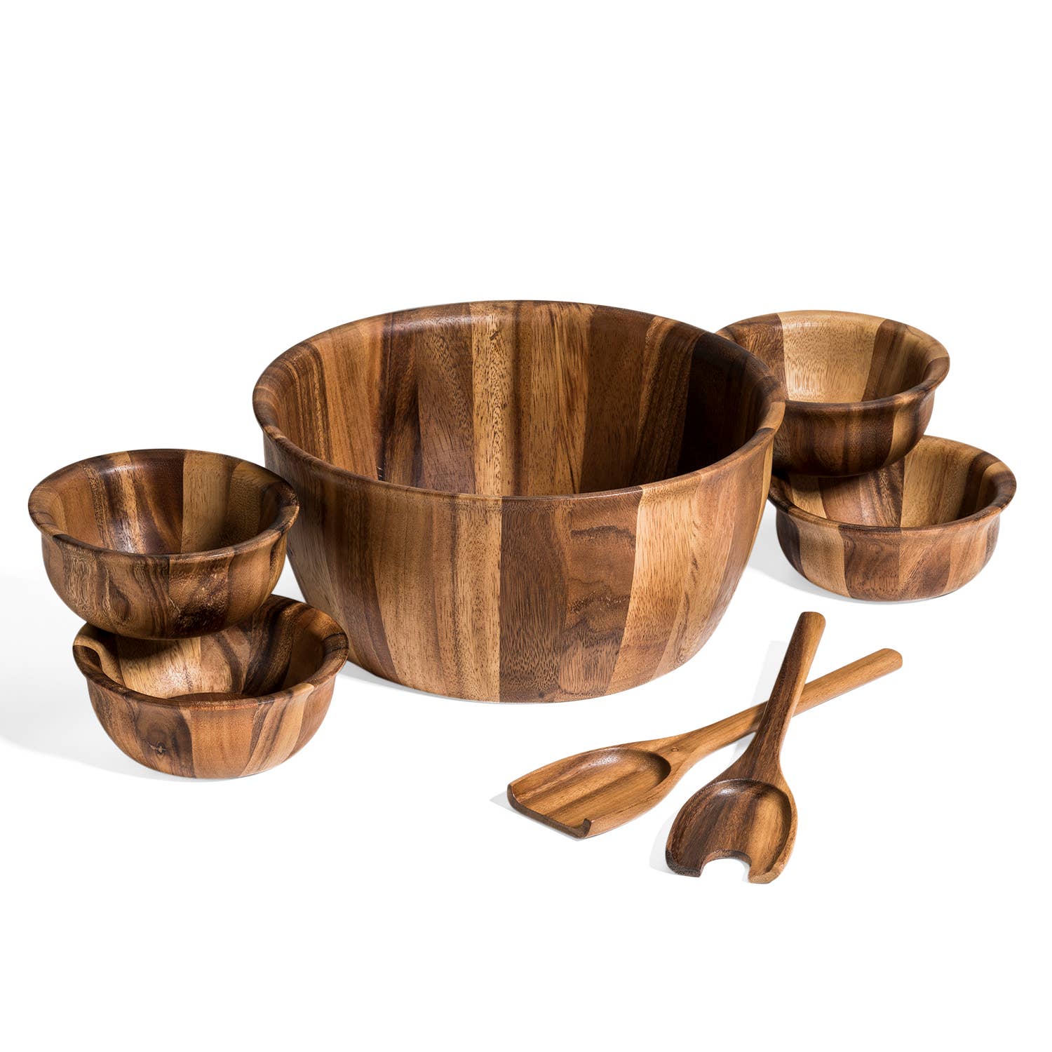 Fluted Wooden Salad Bowl Serving Set, 7-piece - Image 8